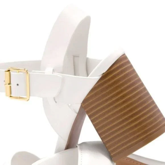 !! NEW !! Vegan Leather Ankle Strap Block Heels in White - Picture 5 of 8